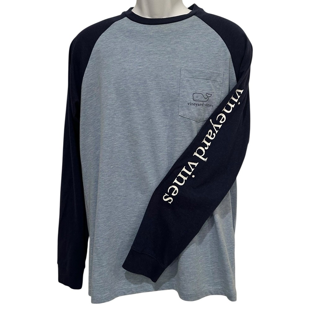 Vineyard Vines Shirt Mens M Baseball Whale Gray Blue Long Sleeve Crew